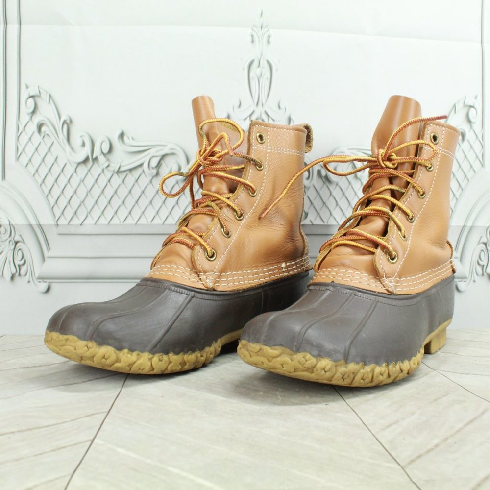 LL Bean Brown Leather Lace Up Unlined  Duck Boots Size 7 Narrow - Picture 2 of 9